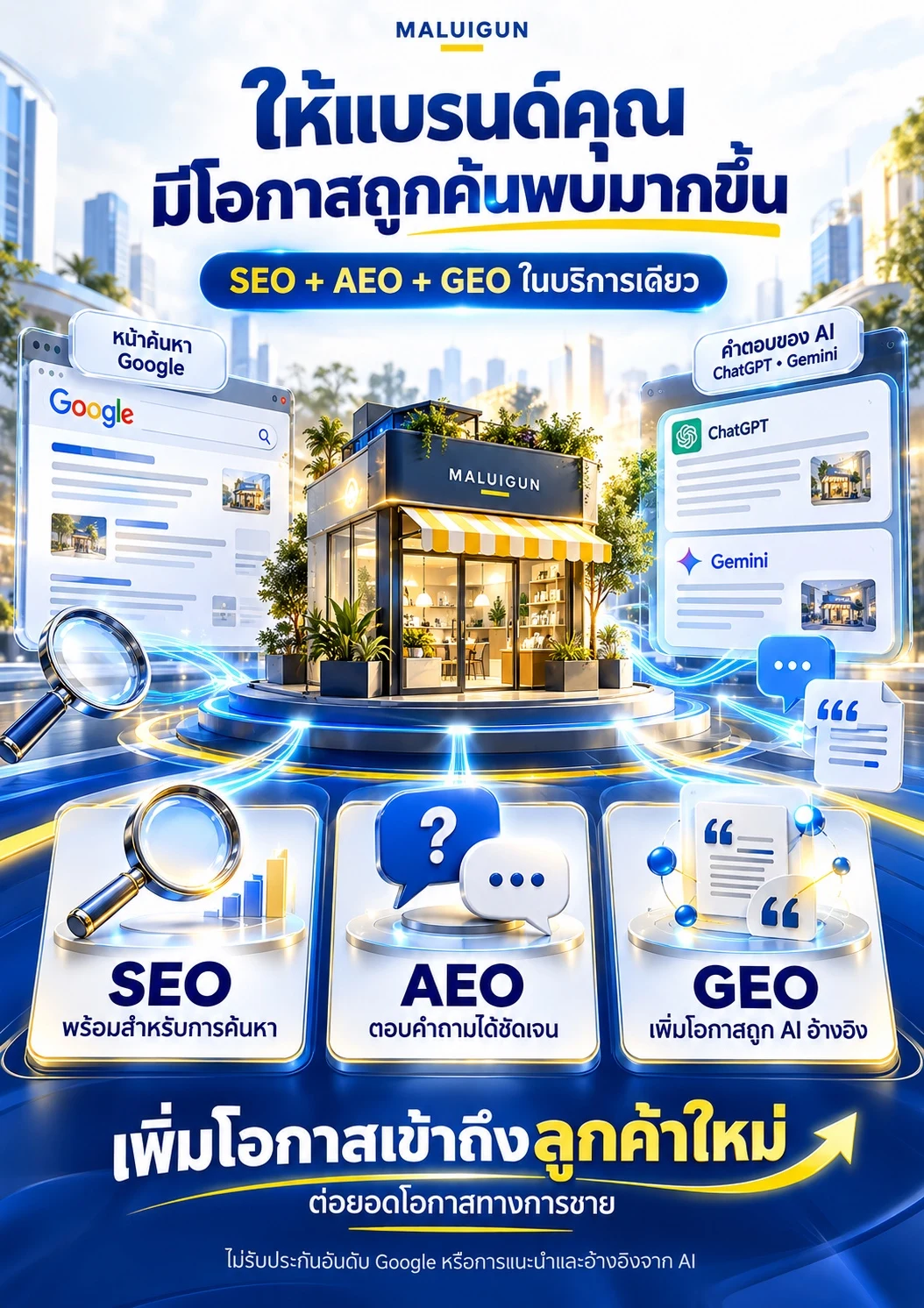 ภาพแนวคิด SEO AEO GEO เชื่อมโยงข้อมูลธุรกิจกับการค้นหาและคำตอบ AI