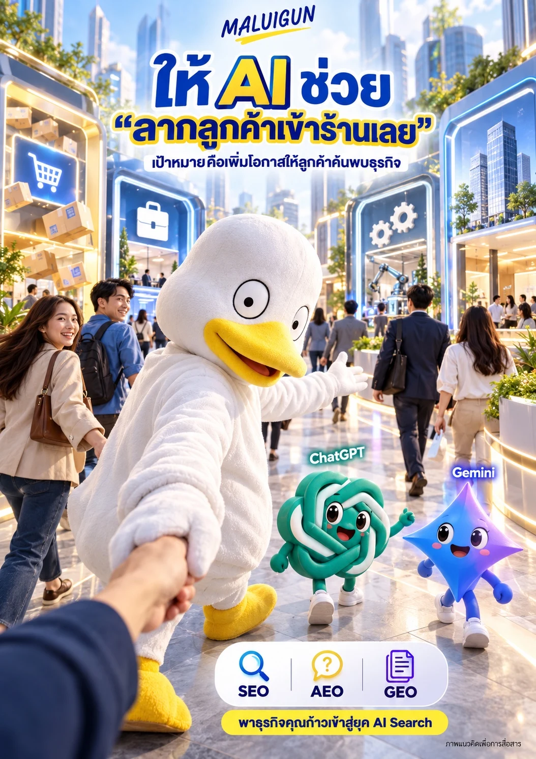ภาพแนวคิด MALUIGUN พร้อมมาสคอต ChatGPT และ Gemini พาลูกค้าค้นพบธุรกิจ ด้วย SEO AEO GEO